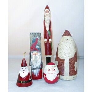 Folk Art Santa Claus Lot of 5 Painted Canvas, Clothes Pin, Ornament, Christmas